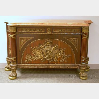 Louis XVI Style Marble-top Brass-mounted Mahogany and Mahogany Veneer Side Cabinet