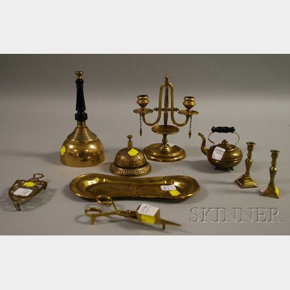 Eight Small or Miniature Brass Items and a Bronze "Fire Bell,"