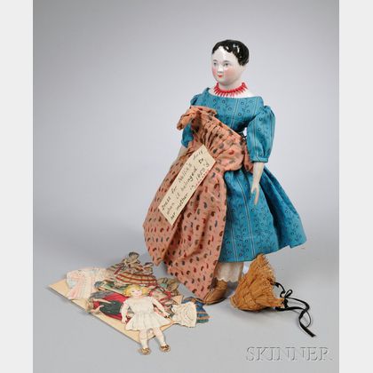 Early China Head Doll and Dress and a Group of Paper Dolls