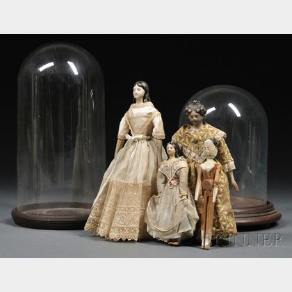 Three Papier-mache Lady Dolls, a Wooden Doll, and Two Glass Display Domes