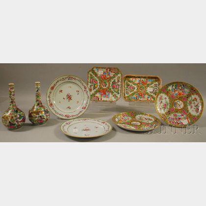 Five Chinese Export Porcelain Plates, a Tray, and a Pair of Bottles