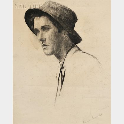 Circle of Thomas Cowperthwaite Eakins (American, 1844-1916) Portrait Study of a Young Man with Hat, Probably Samuel Murray