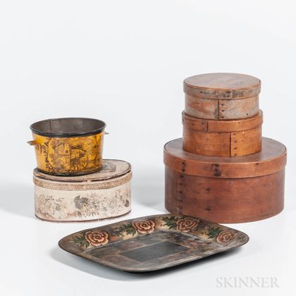 Three Round Pantry Boxes, an Oval Band Box, a Tole Container, and a Tole Tray