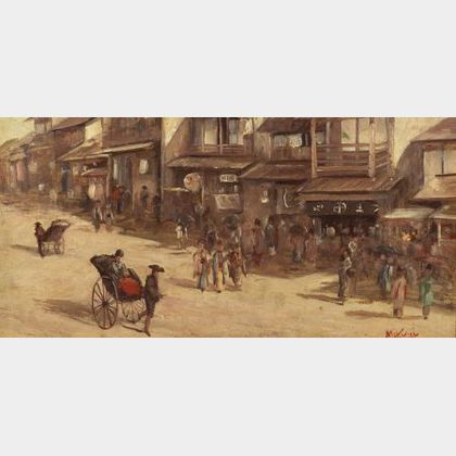 French/Japanese School, 19th Century A View of the Shops by Rickshaw
