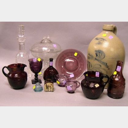 Ballard Cobalt Floral Decorated Two-Gallon Stoneware Jug, Eight Pieces of Amethyst Glass Tableware, a Colorless Glass Covered Compote, 