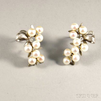 14kt White Gold, Cultured Pearl, and Diamond Earrings
