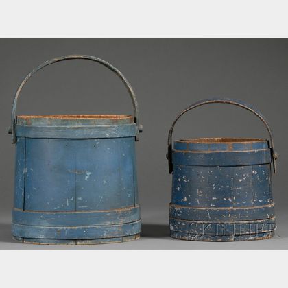 Two Blue-painted Wooden Buckets