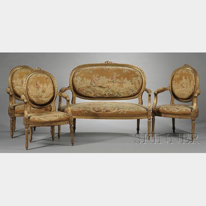 Five-piece Suite of Louis XVI-style Aubusson Tapestry Upholstered Seating Furniture