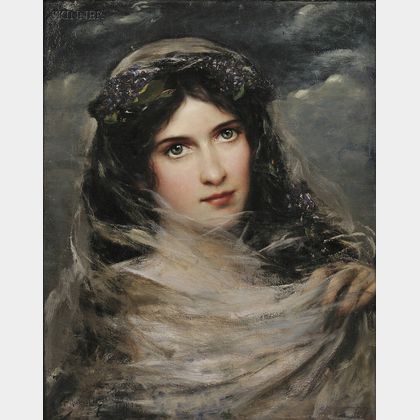 Adolfo Felice Müller-Ury (Swiss/American, 1862-1947) Portrait of a Dark-haired Beauty in a White Veil