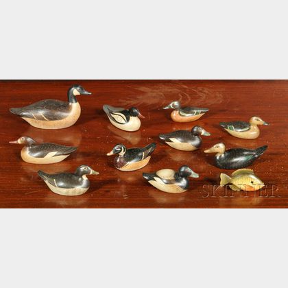 Ten Louis Scheyd Carved and Painted Bird Figures and a Fish Pin