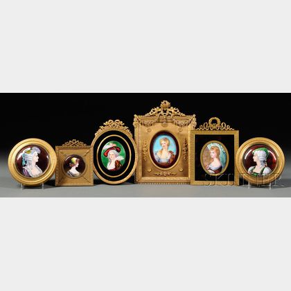 Six Framed Enamel on Copper Portrait Miniatures