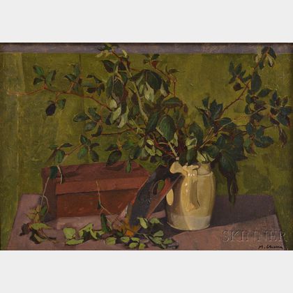 Mauro Chessa (Italian, b. 1933) Still Life with Greenery in a Ceramic Jug and an Artist's Palette