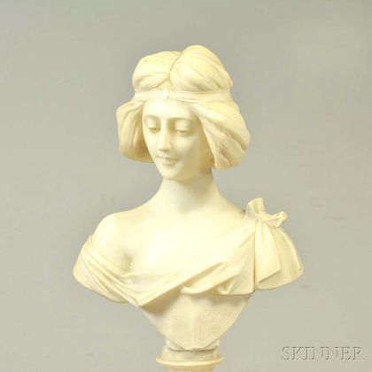 Carved Alabaster Bust of a Girl with Pedestal