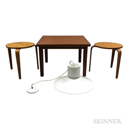 Two Alvar Aalto-style Side Tables, a Danish Teak Side Table, and a Danish Modern Light Fixture. Estimate $20-200