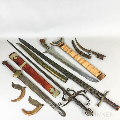 Eight Iron and Steel Bladed Weapons and a Scabbard. Estimate $100-200