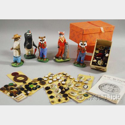 Small Group of Fancy Buttons and Five Collectible Goebel Ceramic Figures
