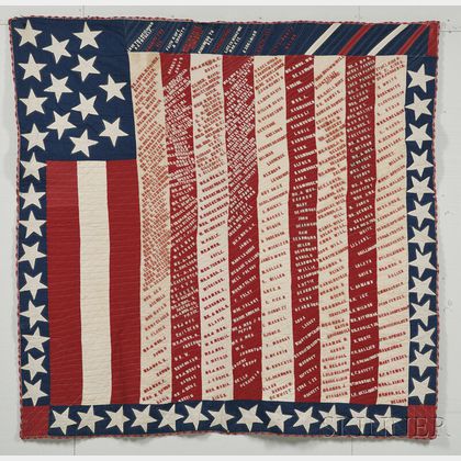 Embroidered Pieced Cotton Suffragette Fund-raising Quilt with Stars and Stripes
