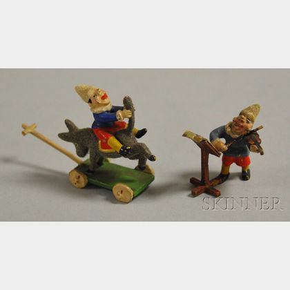 Austrian Miniature Cold-painted Bronze Clown with Violin and Sheet Music Figure and a Clown on Pull-toy Donkey Figure