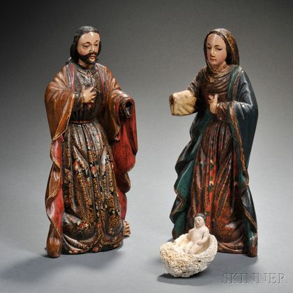 Spanish Colonial Carved and Painted Wood Nativity Figures
