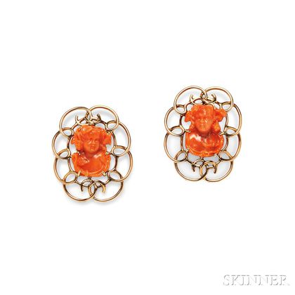 Pair of 14kt Gold and Coral Brooches, Raymond Yard