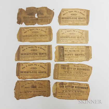 Nine 1862 City of Richmond, Virginia, Fractional Currency Notes