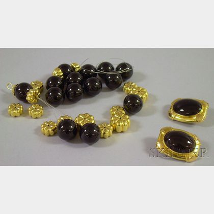 14kt Gold and Onyx Bead Necklace and Earclips