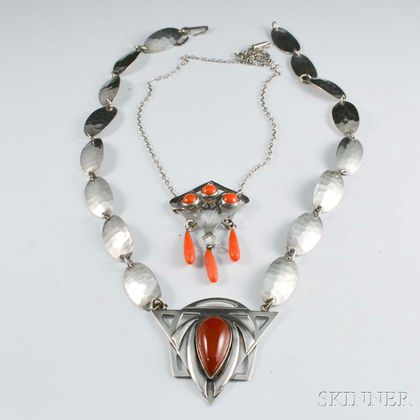 Two Art Deco Sterling Silver and Hardstone Necklaces