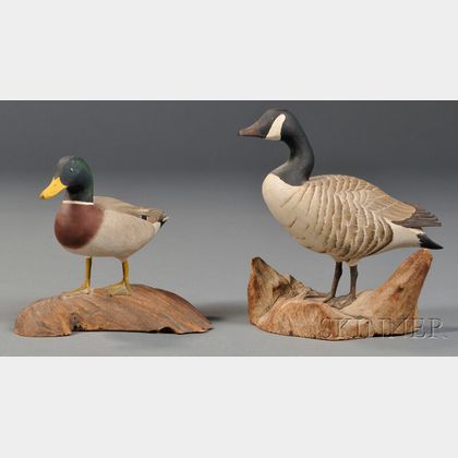 Miniature Carved and Painted Canada Goose and Mallard Drake Figures