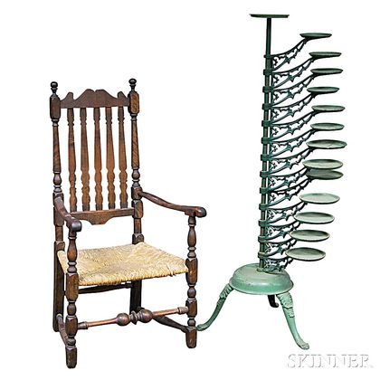 Victorian Green-painted Cast Iron Adjustable Thirteen-arm Plant Stand and a Banister-back Armchair