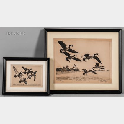 Richard Evett Bishop (American, 1887-1975) Two Framed Etchings: Geese Pitching