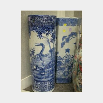 Two Japanese Blue and White Decorated Porcelain Umbrella Stands. 