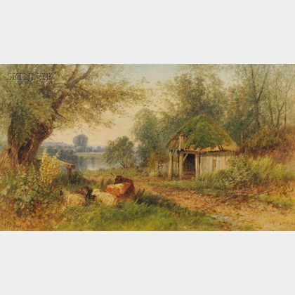 Albert Fitch Bellows (American, 1829-1883) Landscape with Cottage and Livestock