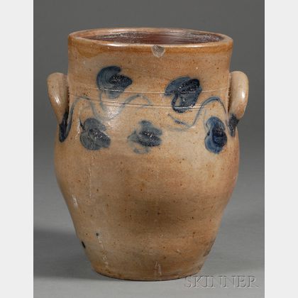 Stoneware Jar with Cobalt Flower and Vine Decoration