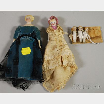Two Dollhouse Dolls and Three Tiny Bisque Dolls