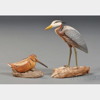 Miniature Carved and Painted Woodcock and Great Blue Heron Figures