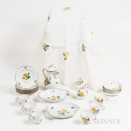 Twenty-three-piece Meissen "Yellow Rose" Porcelain Tea Set and a Matching Tablecloth. Estimate $200-250