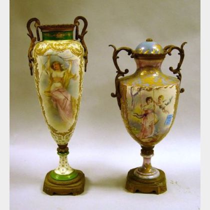 Two Sevres-style Gilt Ormolu Mounted Handpainted Porcelain Vases