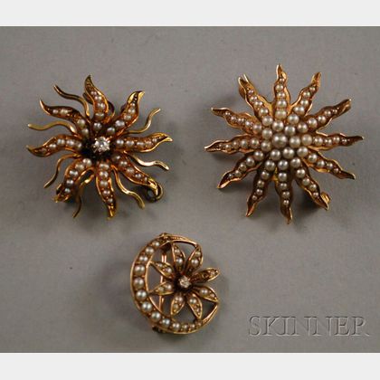 Three 14kt Gold and Seed Pearl Art Nouveau Pins