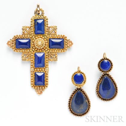 Antique Gold and Lapis Pendant and Earrings