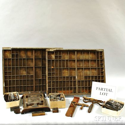 Large Group of Print Type, Stamps, Type Drawers, and Accessories