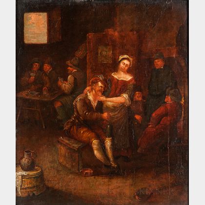 Dutch School, 17th Century Style Tavern Interior with Foreground Couple, Card Players in Back