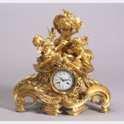 French Louis XV-style Gilt Bronze Mantel Clock