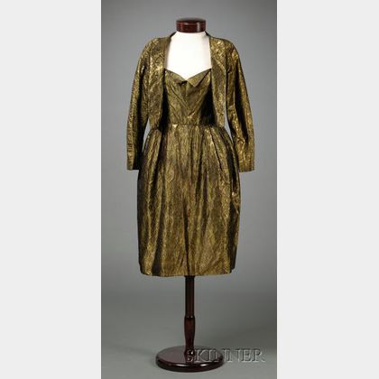 Pauline Trigere Metallic Green Brocade Dress and Jacket