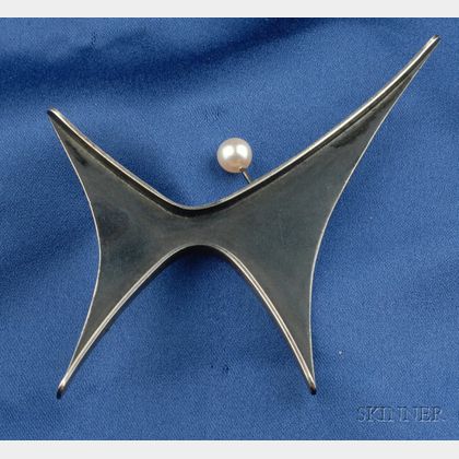 Artist Designed Sterling Silver and Cultured Pearl Brooch, Ed Wiener