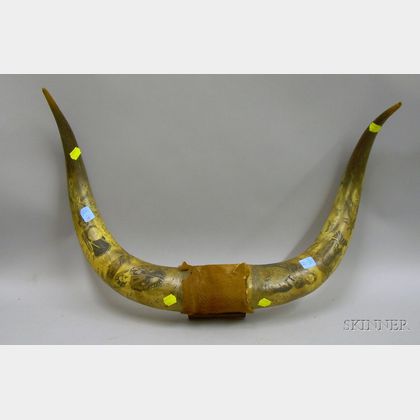 Pair of Hispano Engraved Decorated Steer Horns