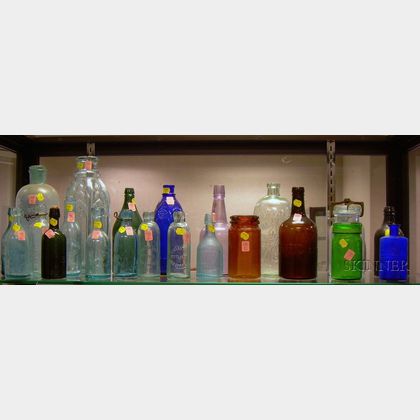 Approximately Twenty-two Aqua and Colored Glass Bottles and Jars
