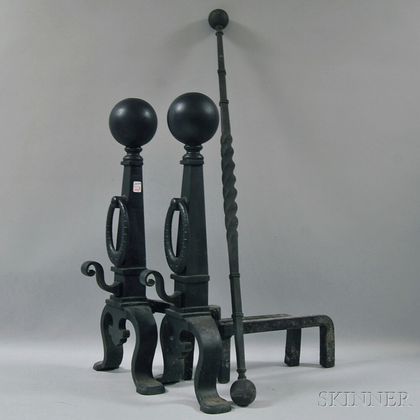 Pair of Large Cast Iron Ball-top Andirons with Cross-bar