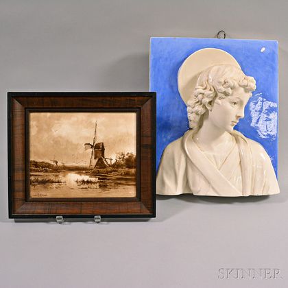 Della Robbia-style Ceramic Hanging Wall Plaque and Framed Dutch Ceramic Landscape Plaque
