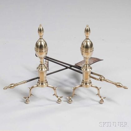 Pair of Brass and Iron Double Lemon-top Andirons and Matching Tools