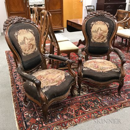 Rococo Revival Carved Walnut Needlepoint-upholstered Armchairs